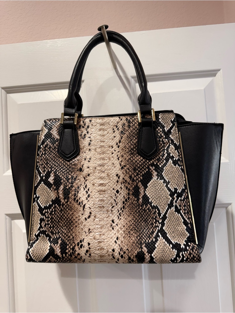 Snake-Print Panel Tote Handbag in Black and Beige